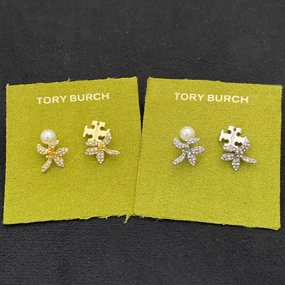 Tory Burch Diamond Flower and Asymmetric Letter Pearl Studs